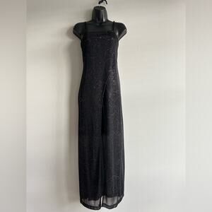 Y2K Sheer Black Glitter Maxi Dress | Mesh Overlay Slip Dress Sparkle L